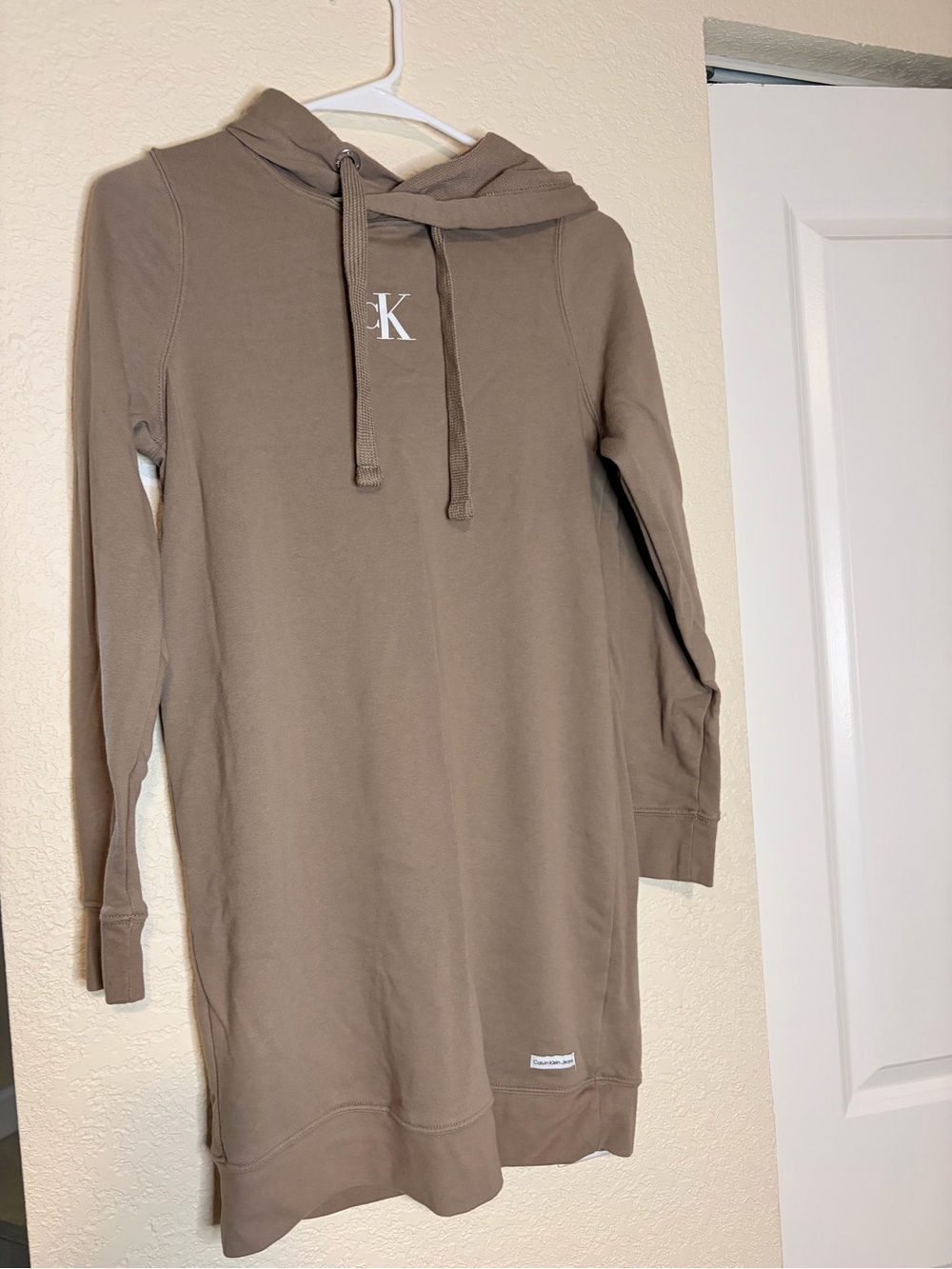 Calvin Klein Jeans Hooded Sweatshirt Dress Taupe XS